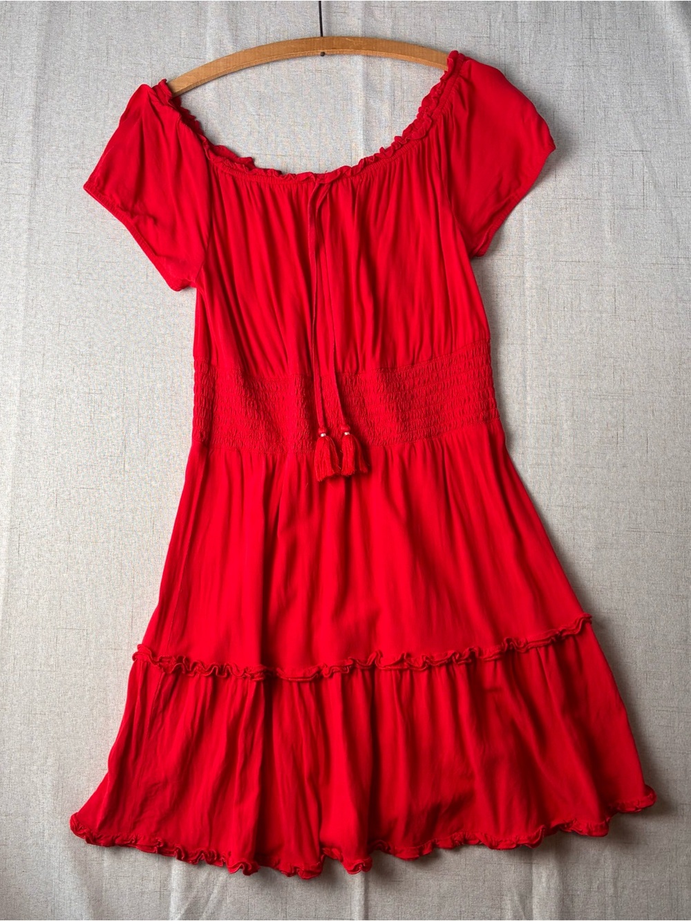 AEO Off-the-Shoulder Red Babydoll Dress L Tassels Smocked Mini Whimsical Hippie